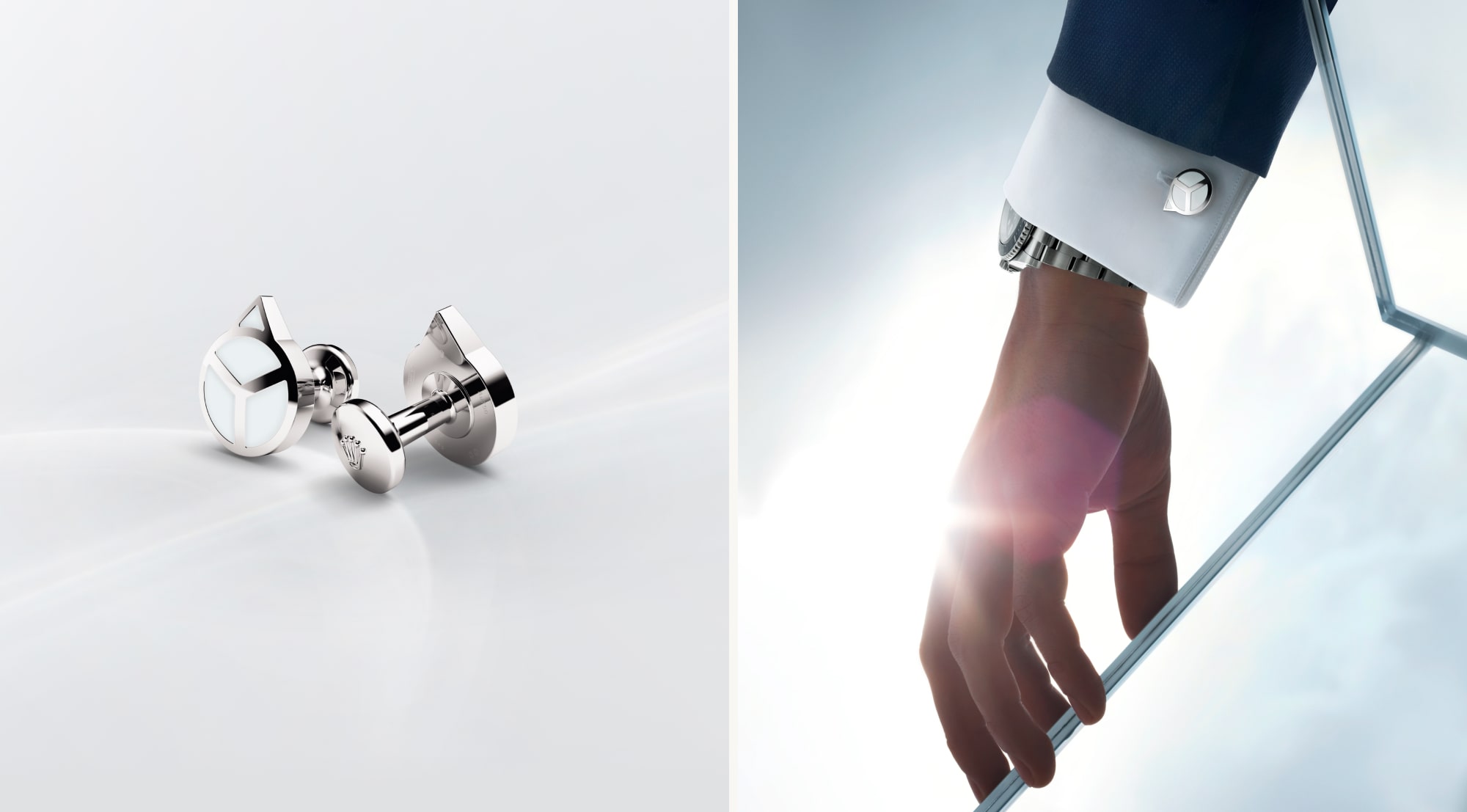 Split image of Rolex hand cufflinks and man wearing them