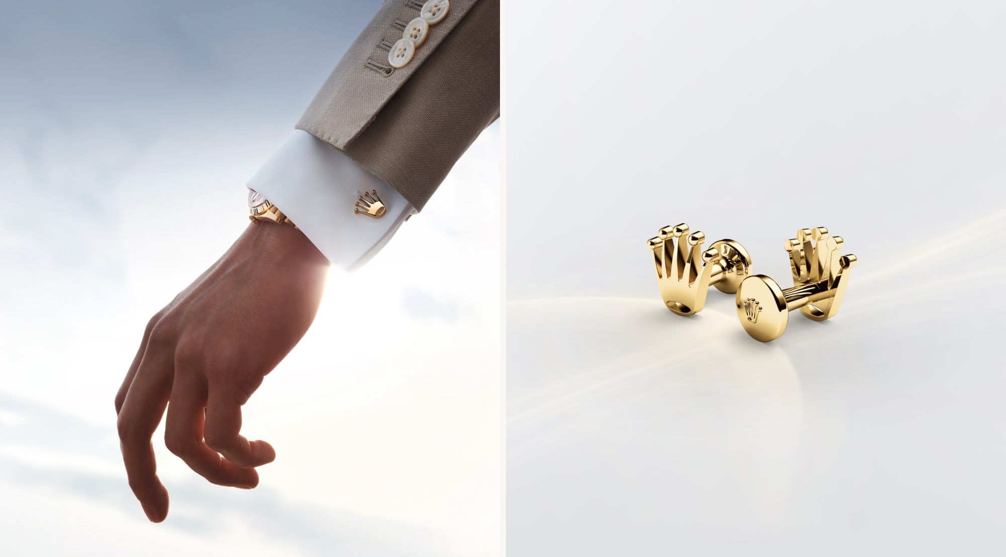 Split image of Rolex crown cufflinks and man wearing them
