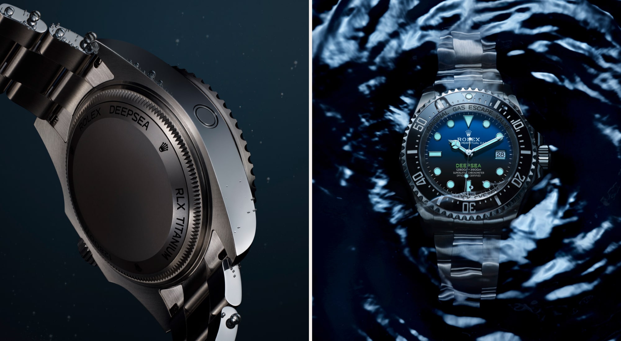 Split image of Rolex Deepsea showing the helium escape valve