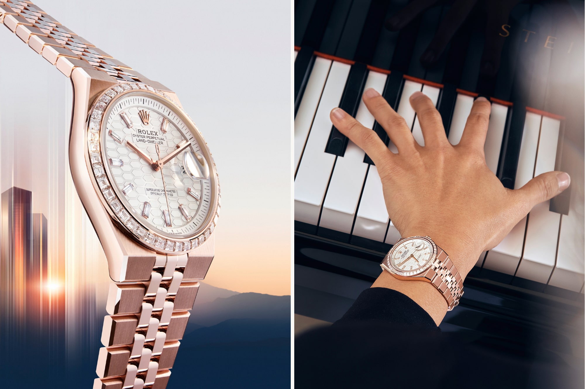 Split image of Rolex Land-Dweller watch and hand on piano