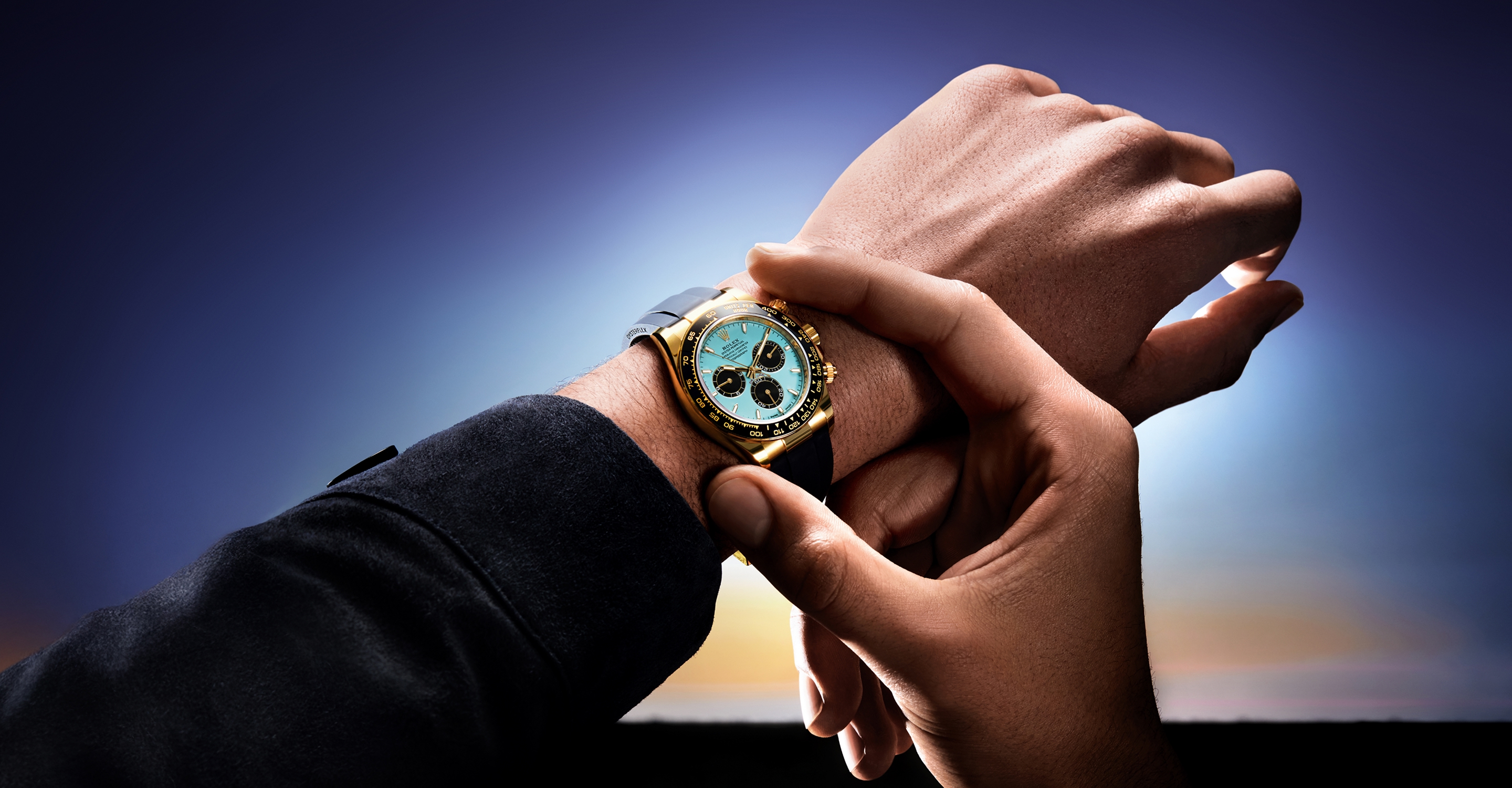Image of wrist wearing Rolex Cosmograph Daytona watch with exclusive dial