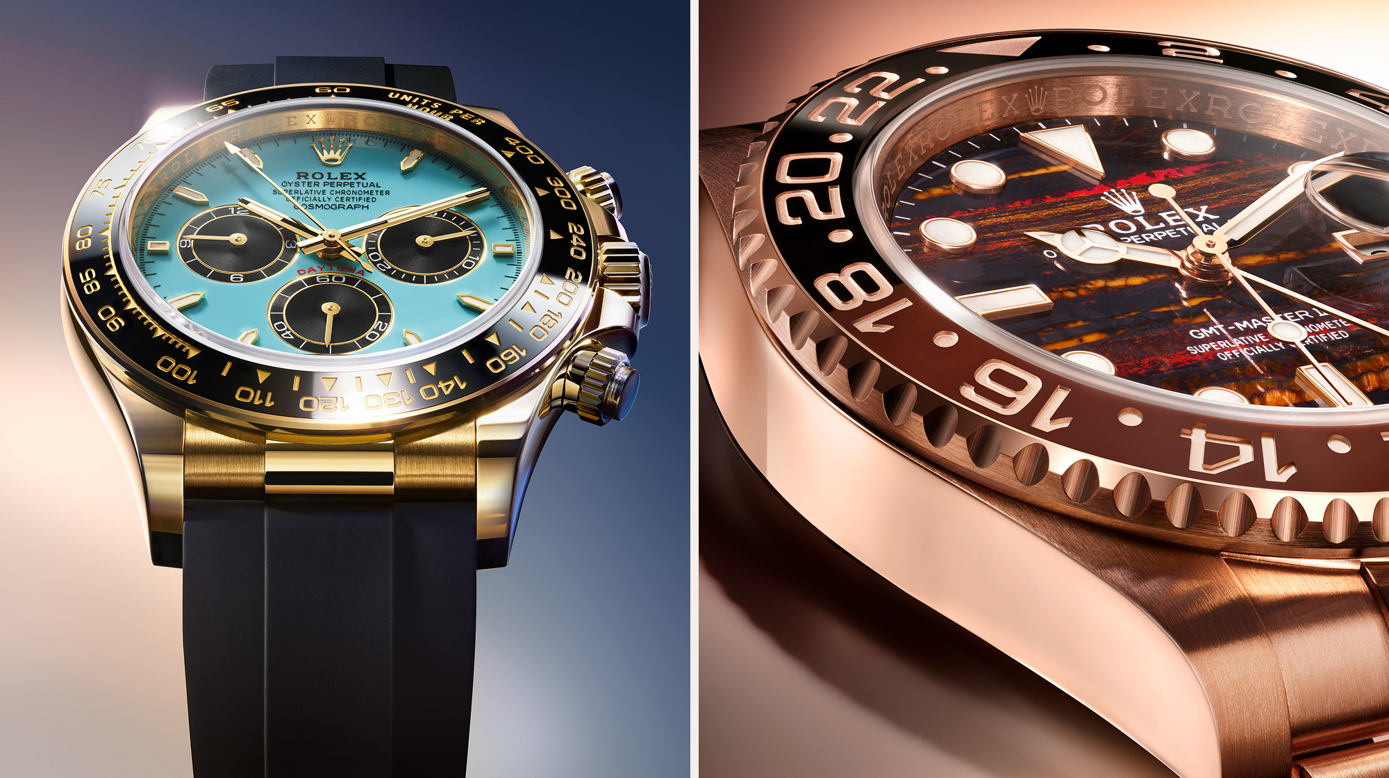 Split image of Rolex Cosmograph Daytona and Rolex GMT-Master 2 watches with exclusive dials