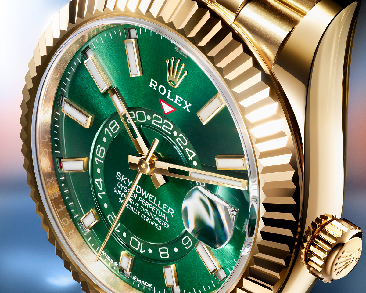 Image of fluted bezel and exclusive dial on Rolex Sky Dweller watch