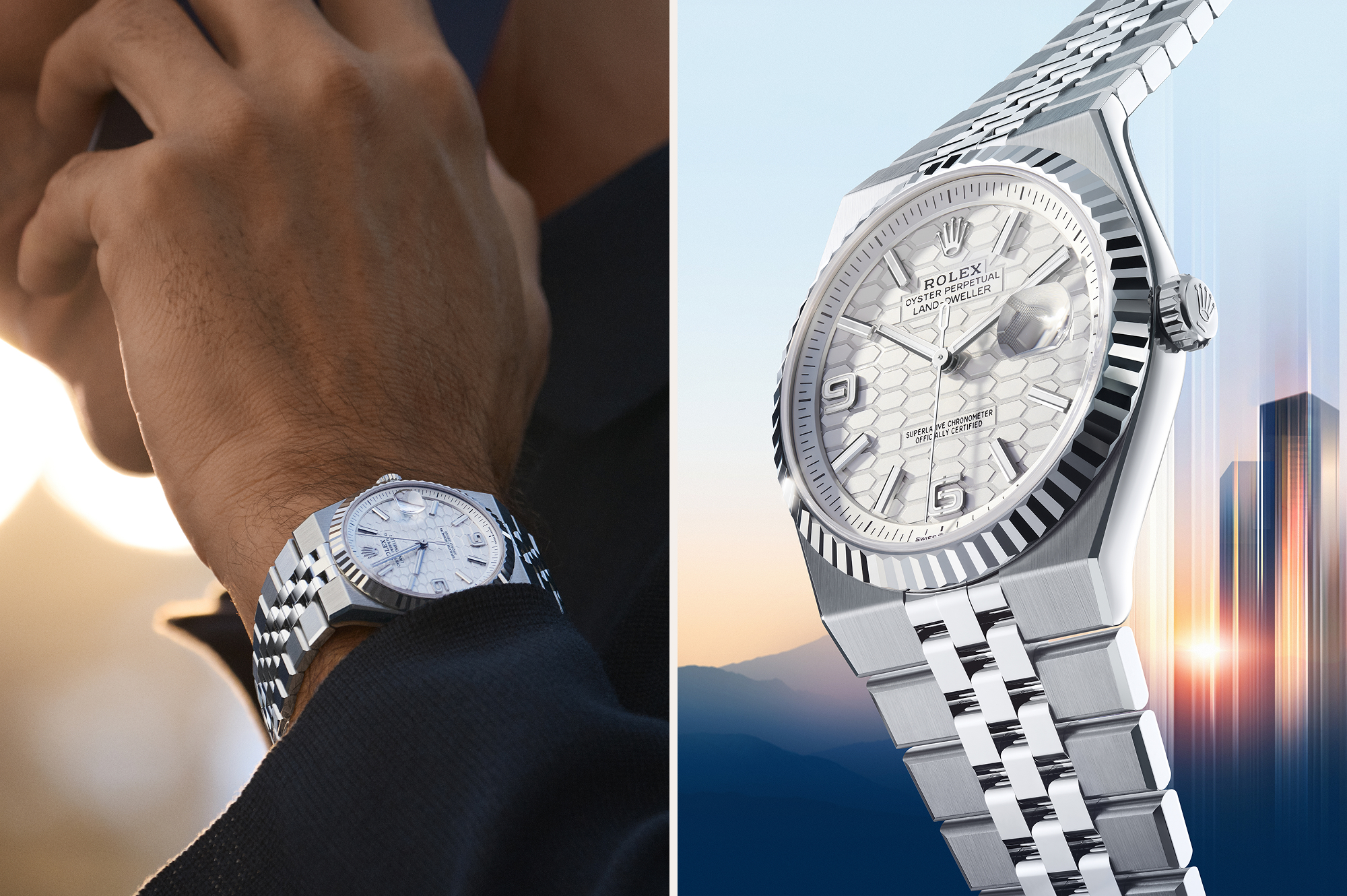 Image of man on the phone wearing Rolex Land-Dweller watch