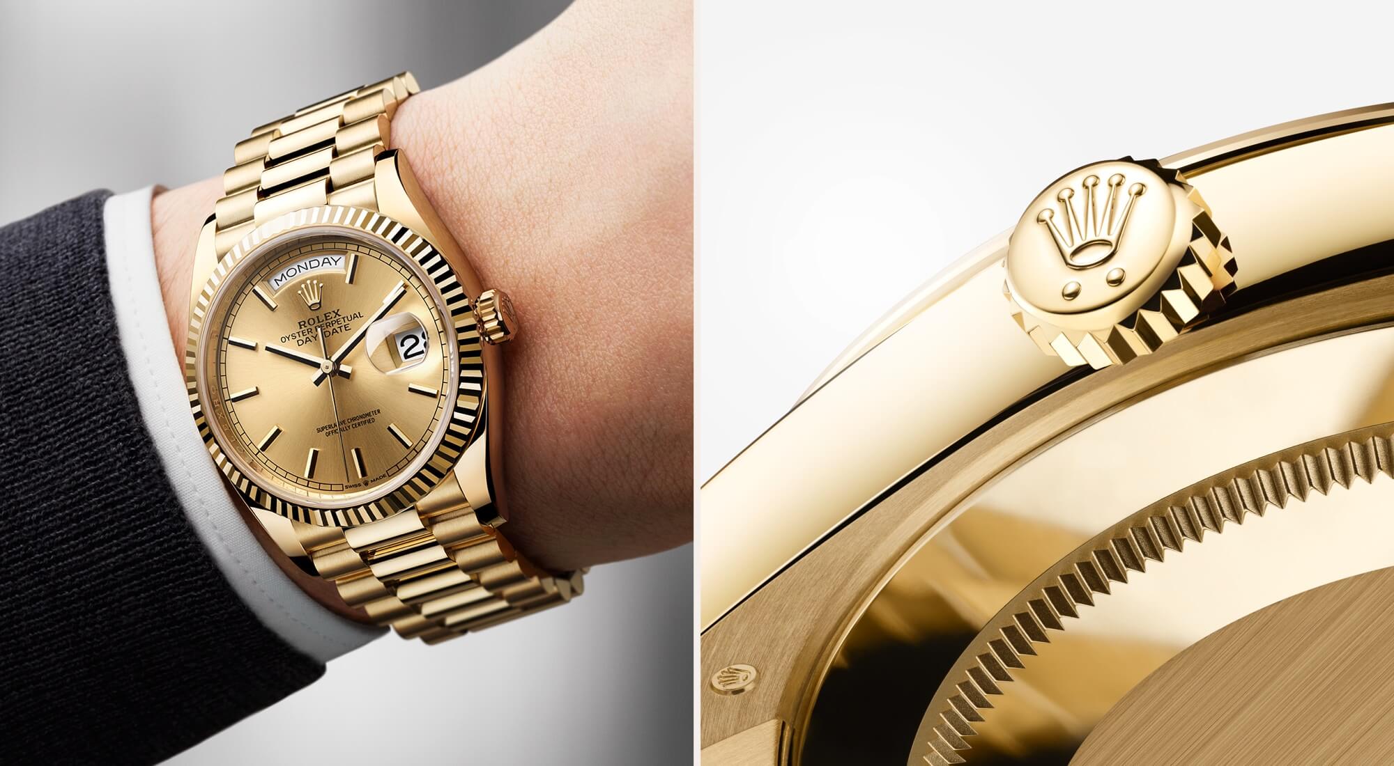 Wrist wearing Rolex Day-Date watch