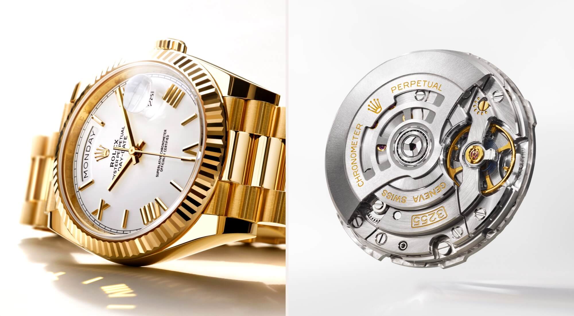 Split image of Rolex Day-Date watch showing inside chronometer