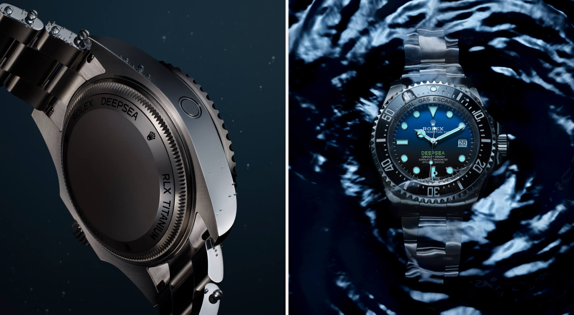 Split image of Rolex Deepsea showing the helium escape valve