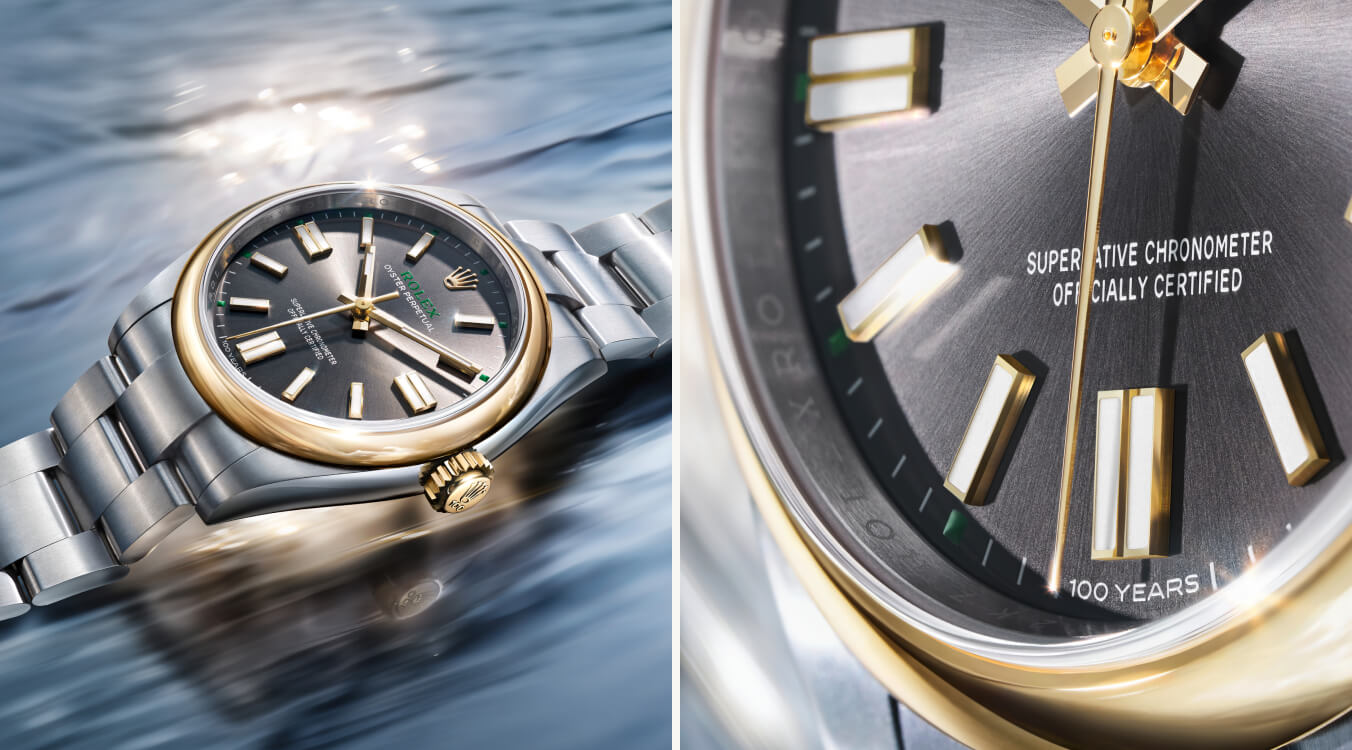 Split image of Rolex Oyster Perpetual 100th anniversary watch