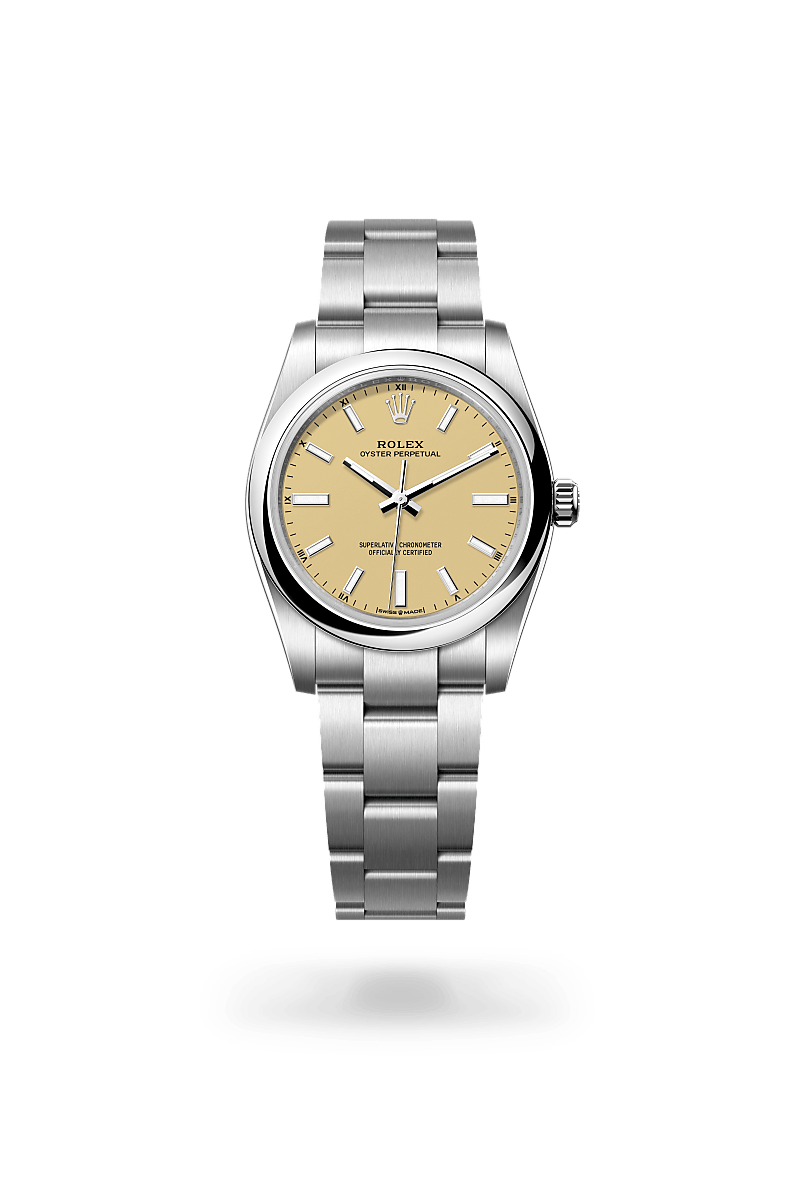 Rolex Oyster Perpetual 34 in Oystersteel with an Beige dial, Domed bezel, and Oyster bracelet