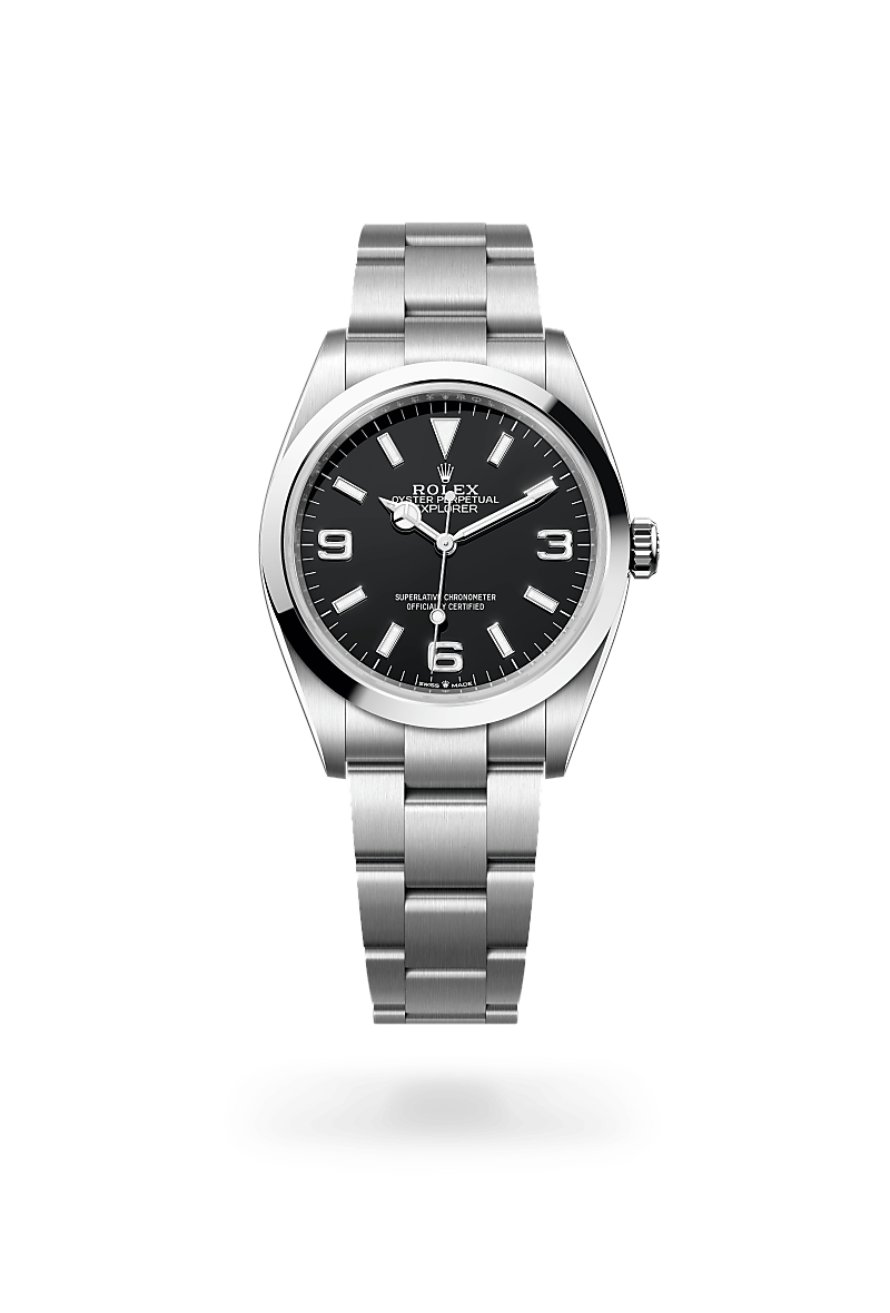 Rolex Explorer 36 in Oystersteel with an Black dial, Smooth bezel, and Oyster bracelet