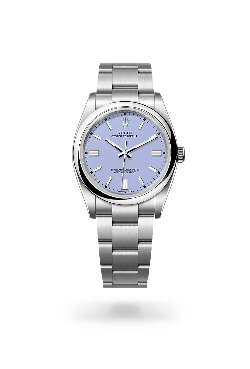 Rolex Oyster Perpetual 36 in Oystersteel with an Lavender dial, Domed bezel, and Oyster bracelet