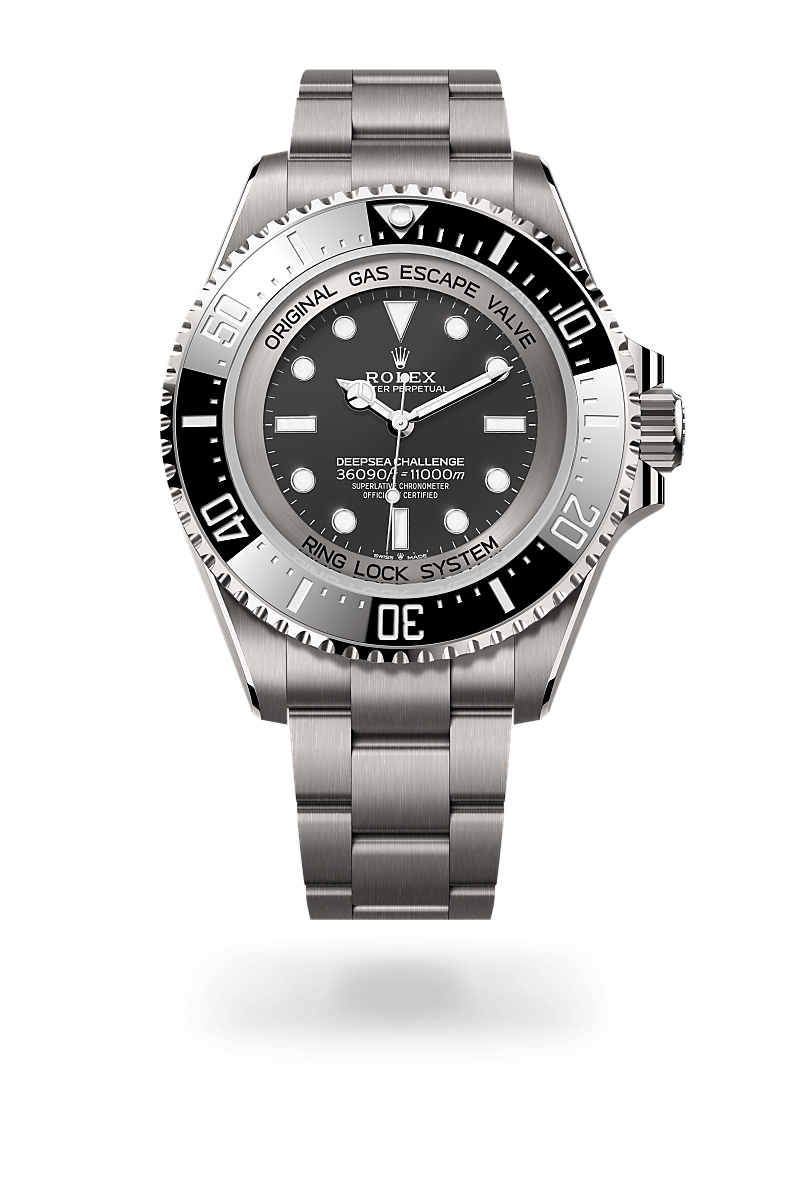 Rolex Rolex Deepsea in RLX titanium with an Intense black dial, Unidirectional rotatable 60-minute graduated, scratch-resistant Cerachrom insert in ceramic, numerals and graduations coated in platinum bezel, and Oyster bracelet