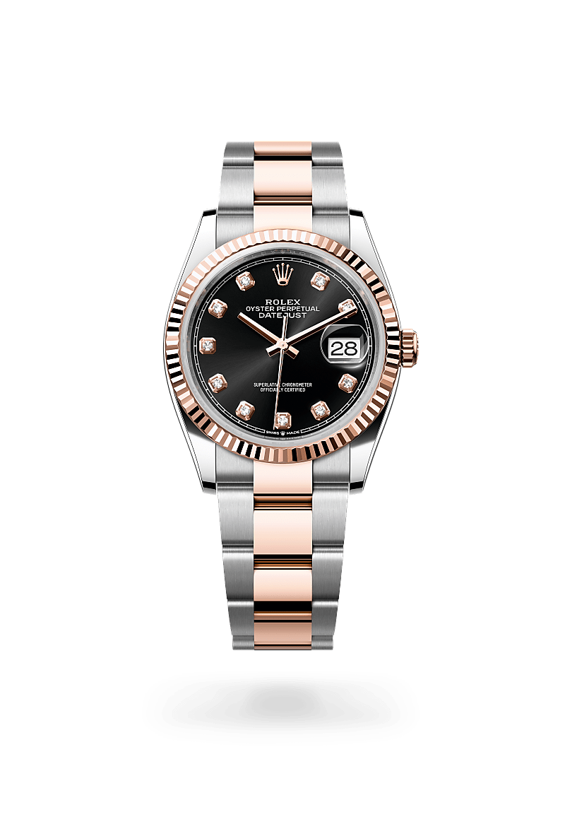 Rolex Datejust 36 in Oystersteel and Everose gold with an Bright black set with diamonds dial, Fluted bezel, and Oyster bracelet