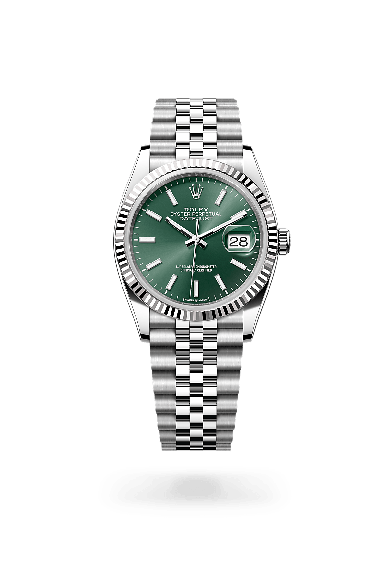 Rolex Datejust 36 in Oystersteel and white gold with an Mint green dial, Fluted bezel, and Oyster bracelet