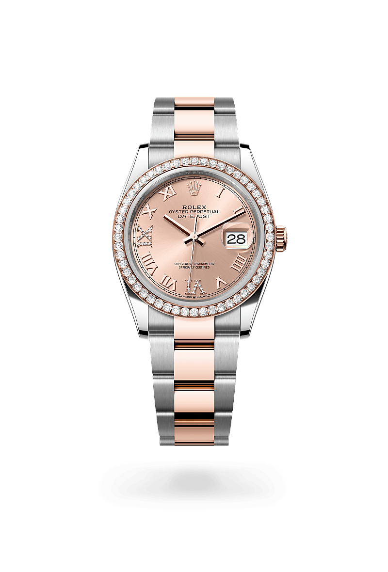 Rolex Datejust 36 in Everose gold and diamonds with an Rosé-colour set with diamonds dial, Set with diamonds bezel, and Oyster bracelet