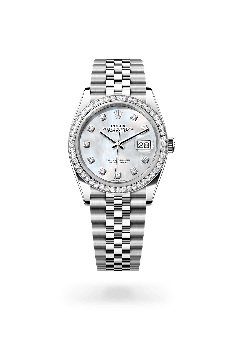 Rolex Datejust 36 in white gold and diamonds with an White mother-of-pearl set with diamonds dial, Set with diamonds bezel, and Oyster bracelet