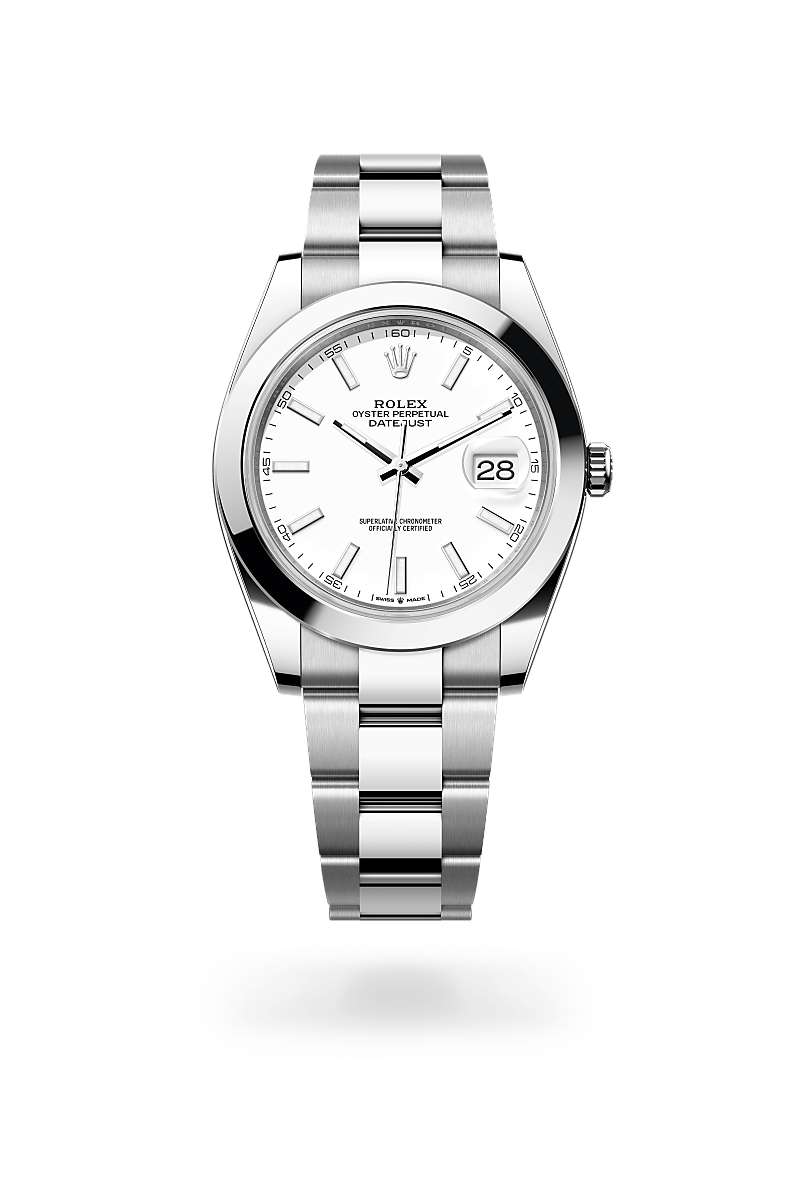 Rolex Datejust 41 in Oystersteel with an White dial, Smooth bezel, and Oyster bracelet