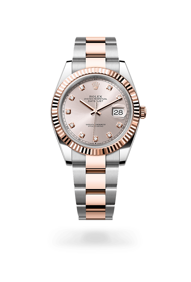 Rolex Datejust 41 in Oystersteel and Everose gold with an Sundust set with diamonds dial, Fluted bezel, and Oyster bracelet