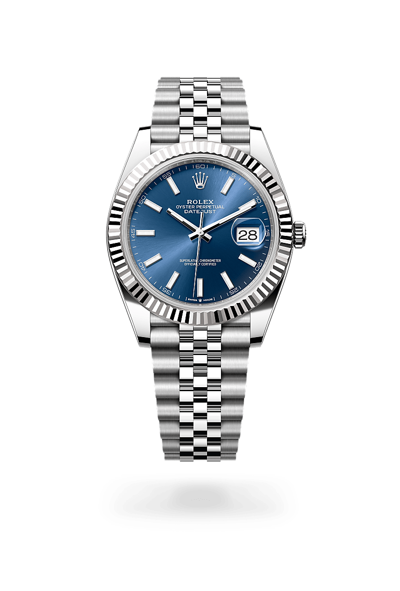 Rolex Datejust 41 in Oystersteel and white gold with an Bright blue dial, Fluted bezel, and Oyster bracelet