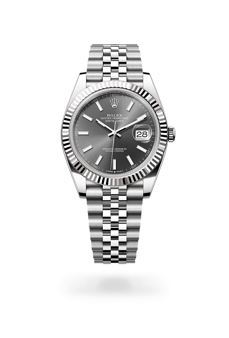 Rolex Datejust 41 in Oystersteel and white gold with an Slate dial, Fluted bezel, and Oyster bracelet