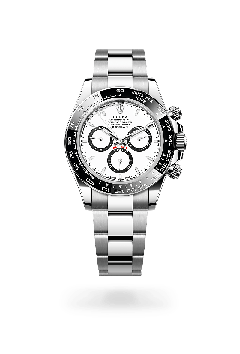 Rolex Cosmograph Daytona in Oystersteel with an White dial, Black monobloc Cerachrom bezel in ceramic with moulded tachymetric scale bezel, and Oyster bracelet