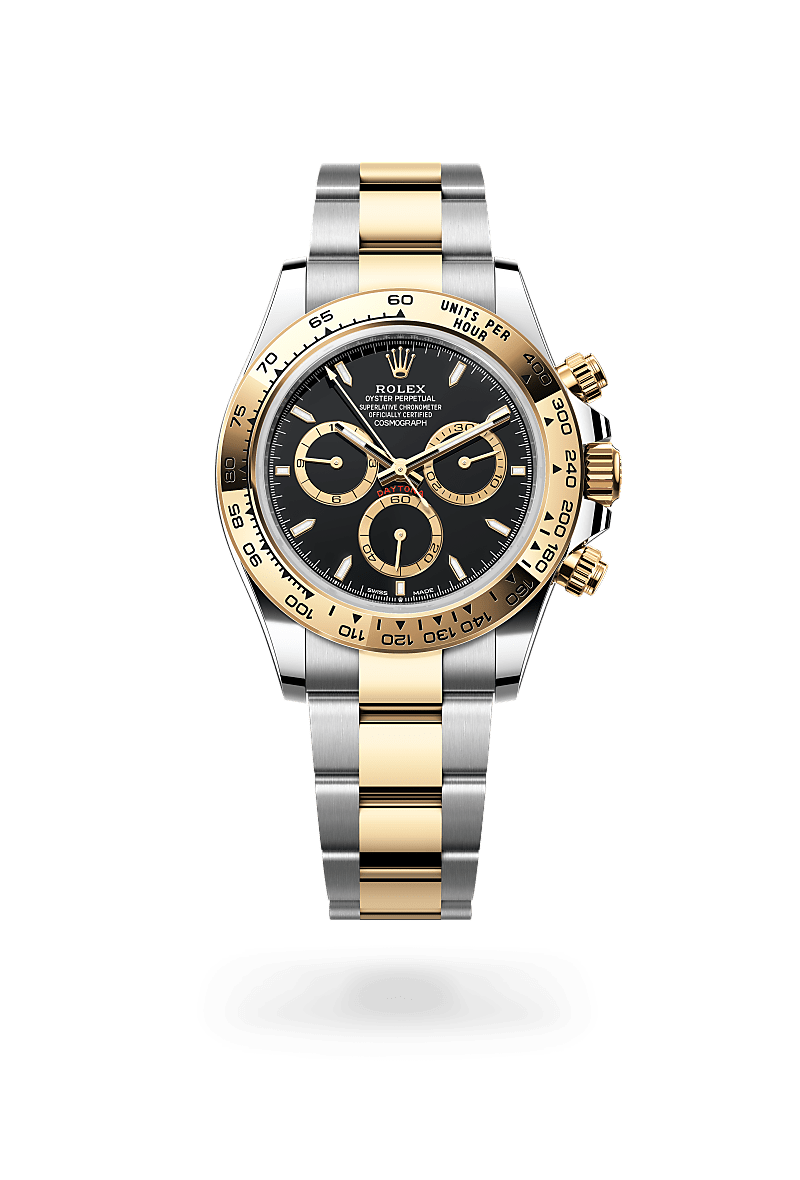Rolex Cosmograph Daytona in Oystersteel and yellow gold with an Black dial, Fixed, with engraved tachymetric scale, in yellow gold bezel, and Oyster bracelet