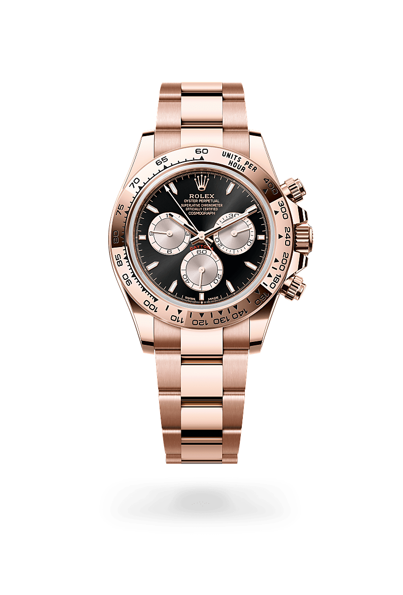 Rolex Cosmograph Daytona in Everose gold with an Bright black and Sundust dial, Fixed, with engraved tachymetric scale, in 18 ct Everose gold bezel, and Oyster bracelet