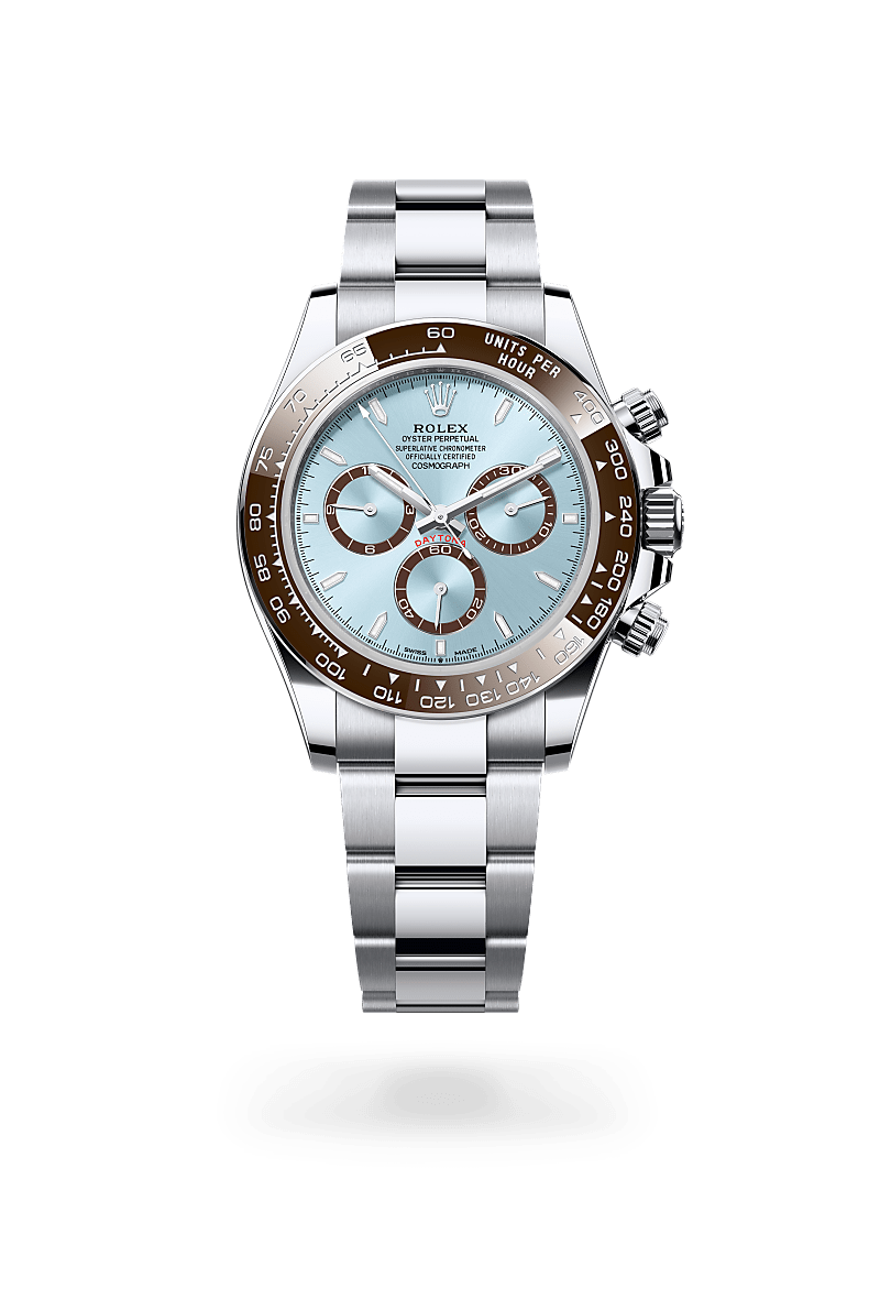 Rolex Cosmograph Daytona in platinum with an Ice blue dial, Chestnut brown monobloc Cerachrom bezel in ceramic with moulded numerals and graduations bezel, and Oyster bracelet