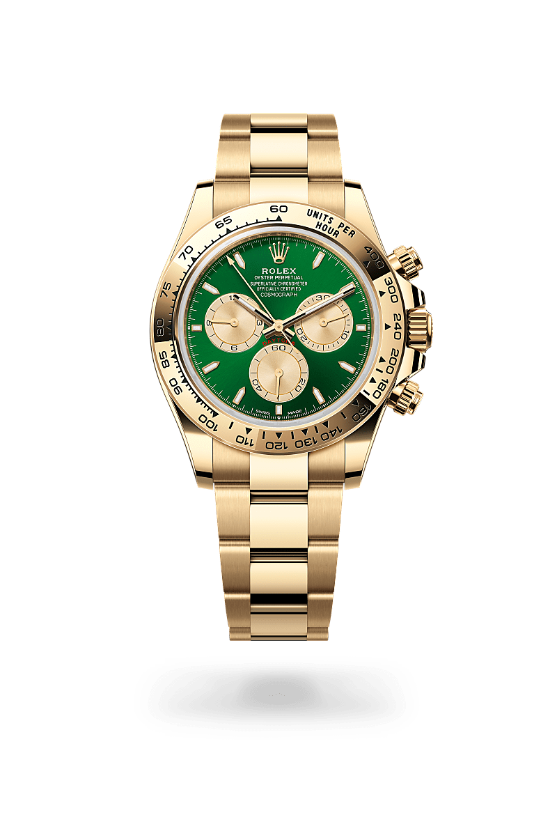 Rolex Cosmograph Daytona in yellow gold with an Bright green and golden dial, Fixed, with engraved tachymetric scale, in 18 kt yellow gold bezel, and Oyster bracelet