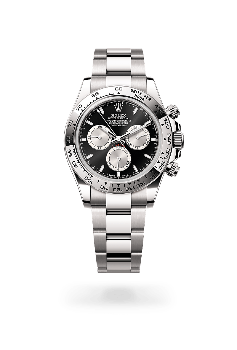 Rolex Cosmograph Daytona in white gold with an Bright black and steel dial, Fixed, with engraved tachymetric scale, in 18 ct white gold bezel, and Oyster bracelet