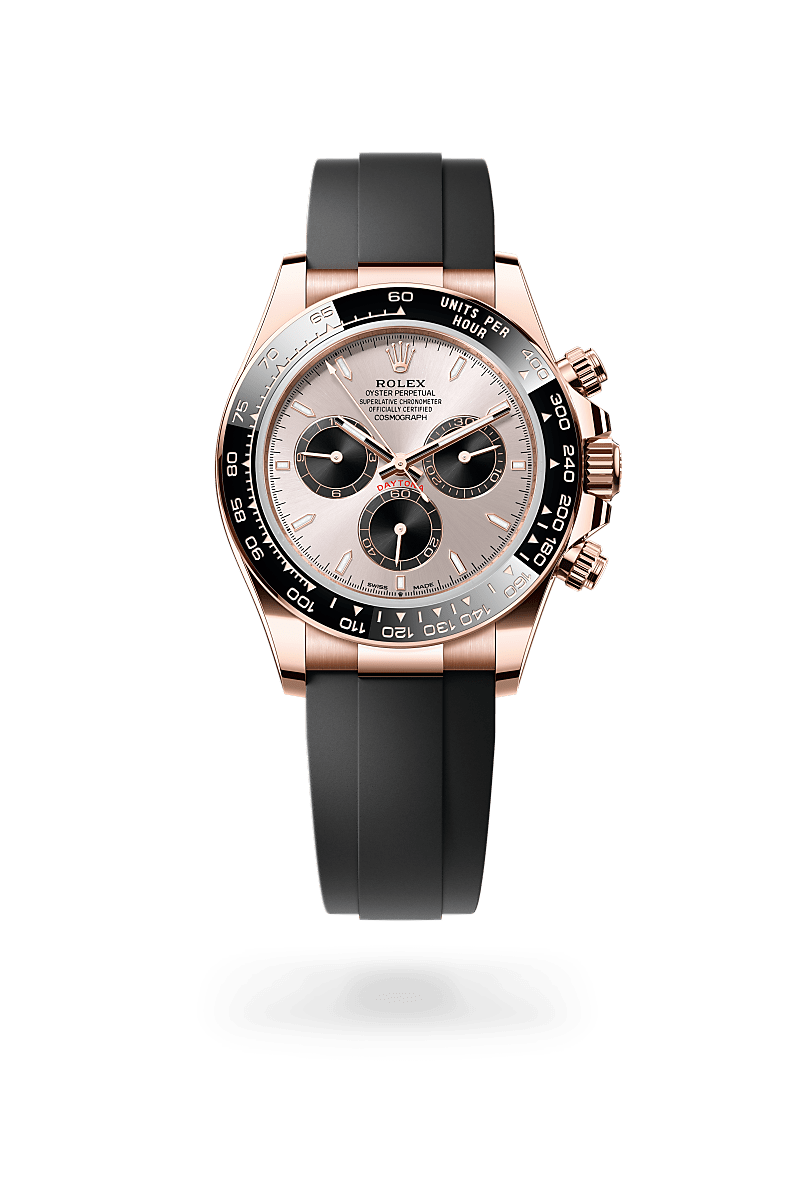 Rolex Cosmograph Daytona in Everose gold with an Sundust and bright black dial, Black monobloc Cerachrom bezel in ceramic with moulded tachymetric scale bezel, and Oyster bracelet