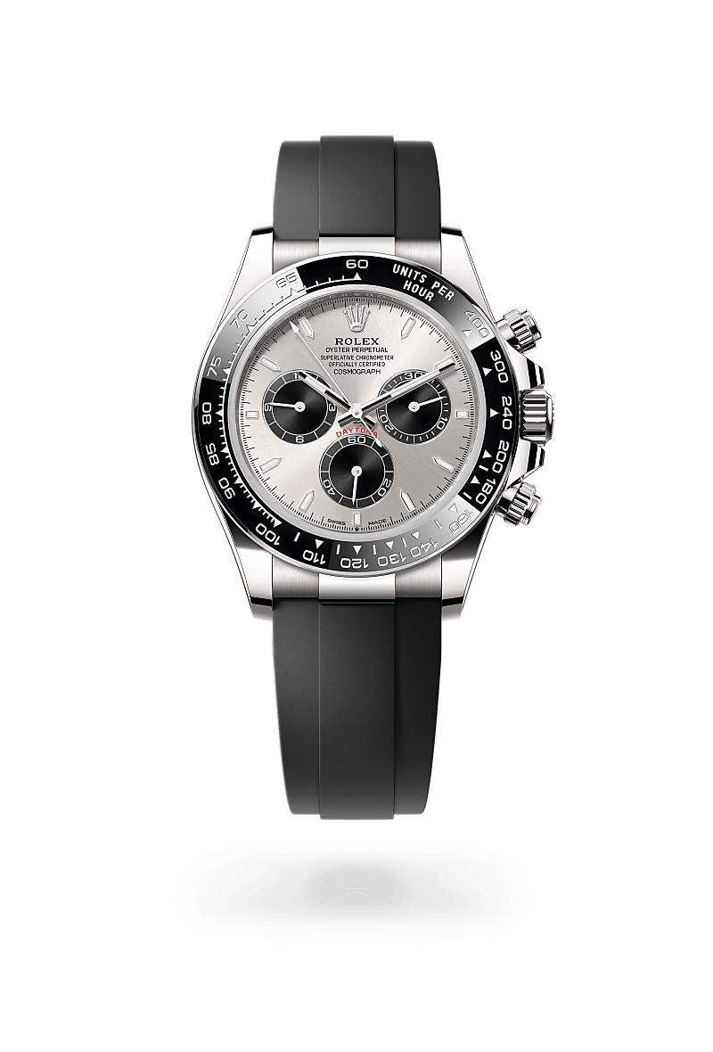 Rolex Cosmograph Daytona in white gold with an Steel and bright black dial, Black monobloc Cerachrom bezel in ceramic with moulded tachymetric scale bezel, and Oyster bracelet