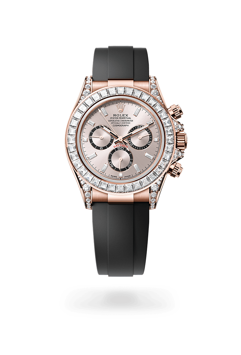 Rolex Cosmograph Daytona in Everose gold and diamonds with an Sundust, bright black counter rings set with diamonds dial, Set with diamonds bezel, and Oyster bracelet