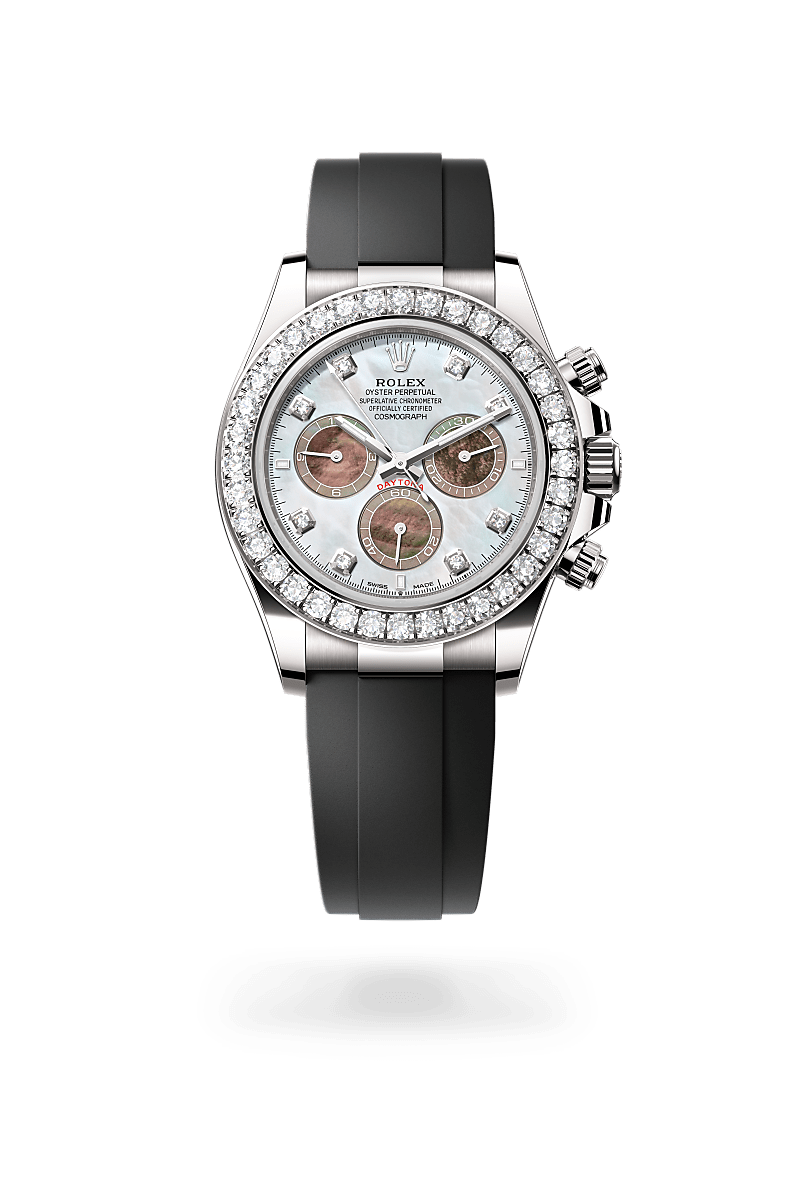 Rolex Cosmograph Daytona in white gold and diamonds with an White and black mother-of-pearl set with diamonds dial, Set with diamonds bezel, and Oyster bracelet