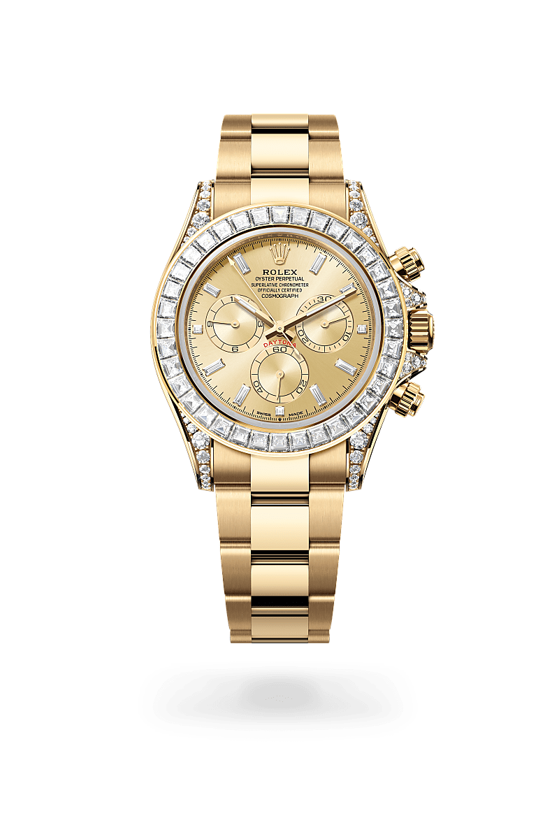 Rolex Cosmograph Daytona in yellow gold and diamonds with an Golden set with diamonds dial, Set with diamonds bezel, and Oyster bracelet