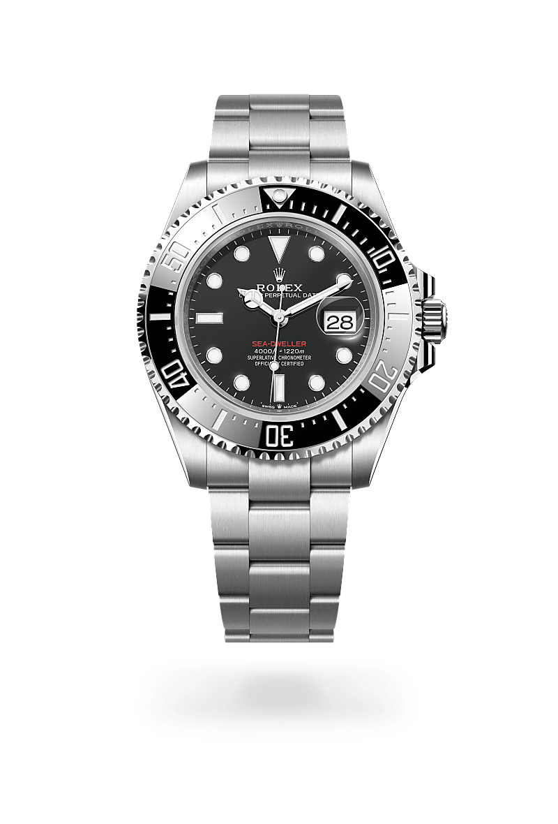 Rolex Sea-Dweller in Oystersteel with an Intense black dial, Unidirectional rotatable 60-minute graduated, scratch-resistant Cerachrom insert in ceramic, numerals and graduations coated in platinum bezel, and Oyster bracelet