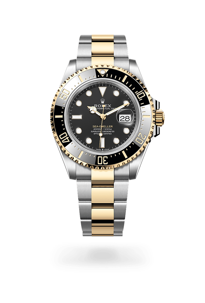 Rolex Sea-Dweller in Oystersteel and yellow gold with an Intense black dial, Unidirectional rotatable 60-minute graduated, scratch-resistant Cerachrom insert in ceramic, numerals and graduations coated in gold bezel, and Oyster bracelet