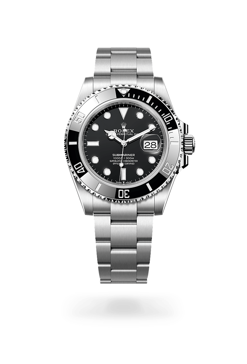 Rolex Submariner in Oystersteel with an Black dial, Unidirectional rotatable 60-minute graduated, scratch-resistant Cerachrom insert in ceramic, numerals and graduations coated in platinum bezel, and Oyster bracelet