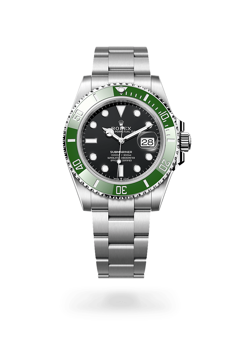 Rolex Submariner in Oystersteel with an Black dial, Unidirectional rotatable 60-minute graduated, scratch-resistant Cerachrom insert in ceramic, numerals and graduations coated in platinum bezel, and Oyster bracelet