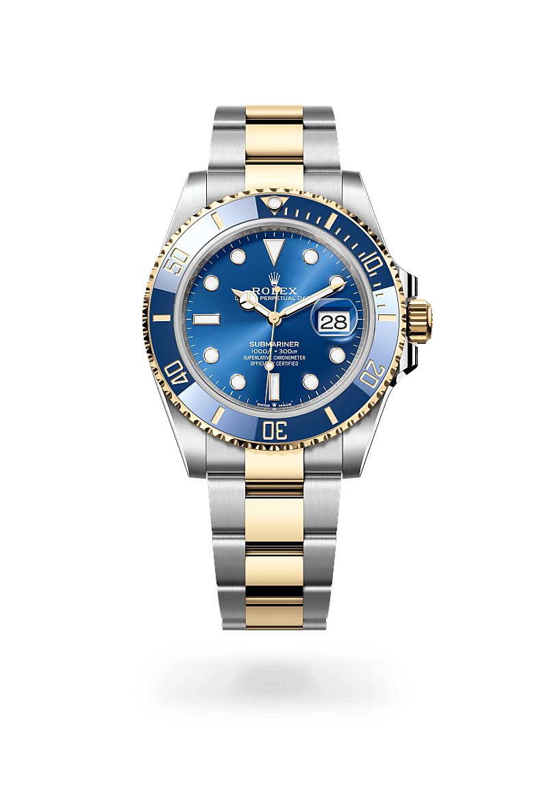 Rolex Submariner in Oystersteel and yellow gold with an Royal blue dial, Unidirectional rotatable 60-minute graduated, scratch-resistant Cerachrom insert in ceramic, numerals and graduations coated in gold bezel, and Oyster bracelet