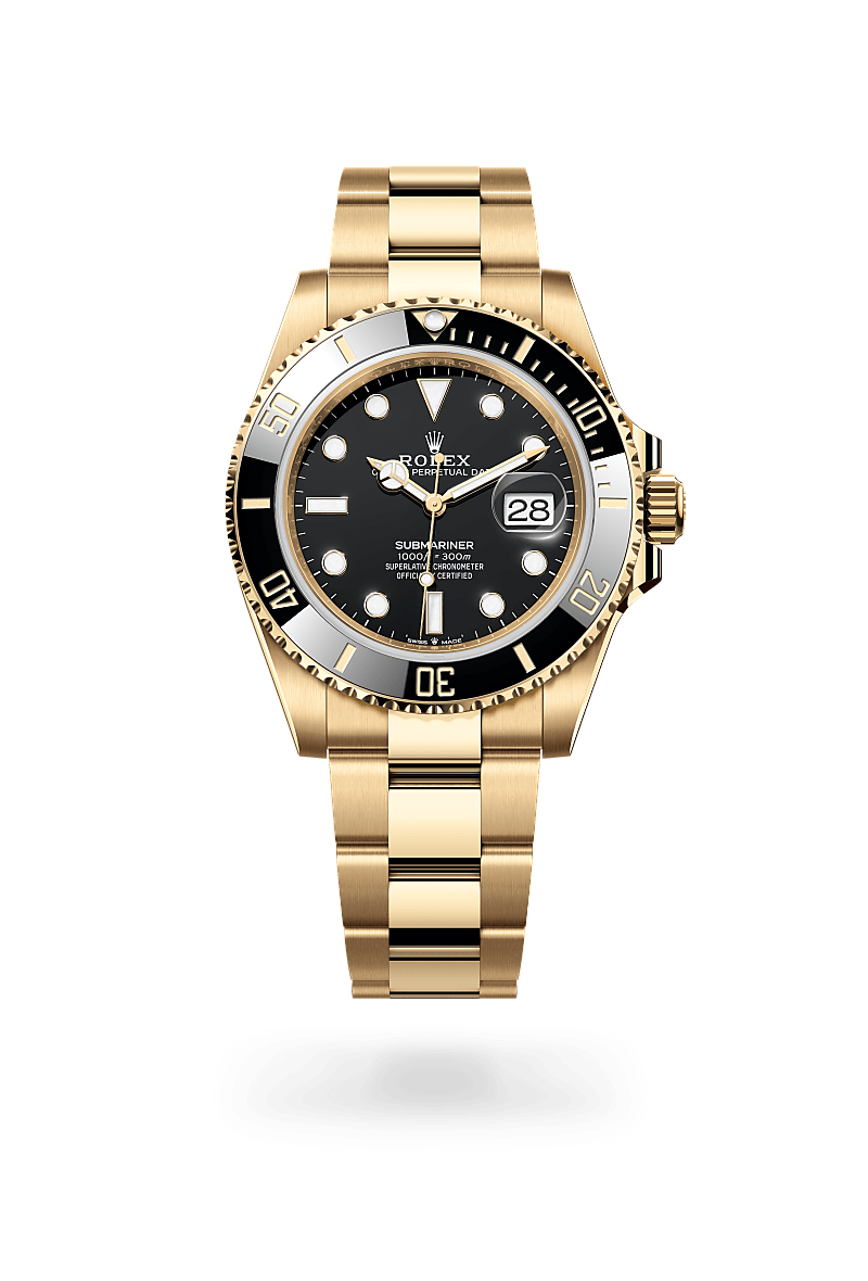 Rolex Submariner in yellow gold with an Black dial, Unidirectional rotatable 60-minute graduated, scratch-resistant Cerachrom insert in ceramic, numerals and graduations coated in gold bezel, and Oyster bracelet