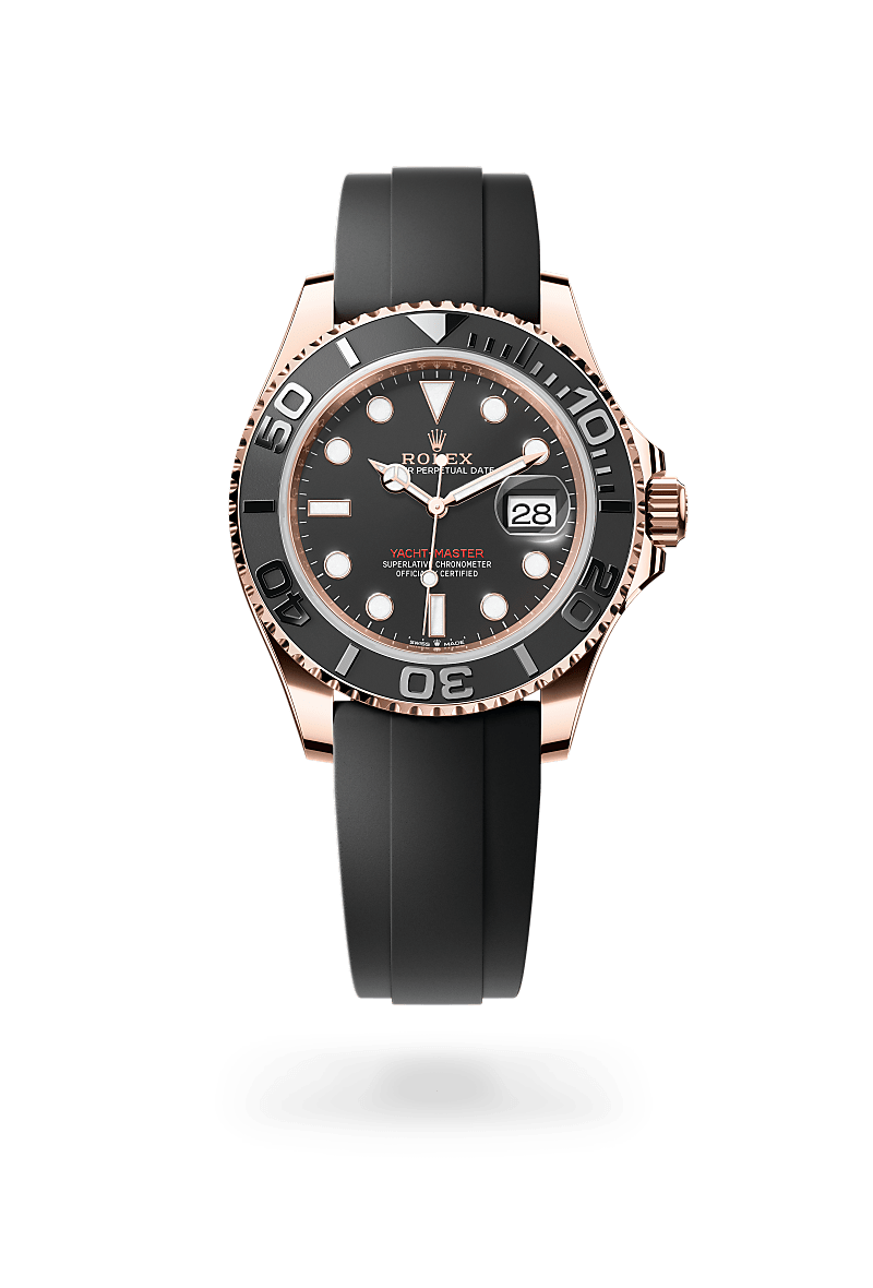 Rolex Yacht-Master 40 in Everose gold with an Intense black dial, Bidirectional rotatable 60-minute graduated bezel with matt black Cerachrom insert in ceramic, polished raised numerals and graduations bezel, and Oyster bracelet