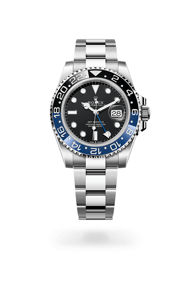 Rolex GMT-Master II in Oystersteel with an Black dial, Bidirectional rotatable 24-hour graduated bezel. Two-colour blue and black Cerachrom insert in ceramic, moulded numerals and graduations bezel, and Oyster bracelet