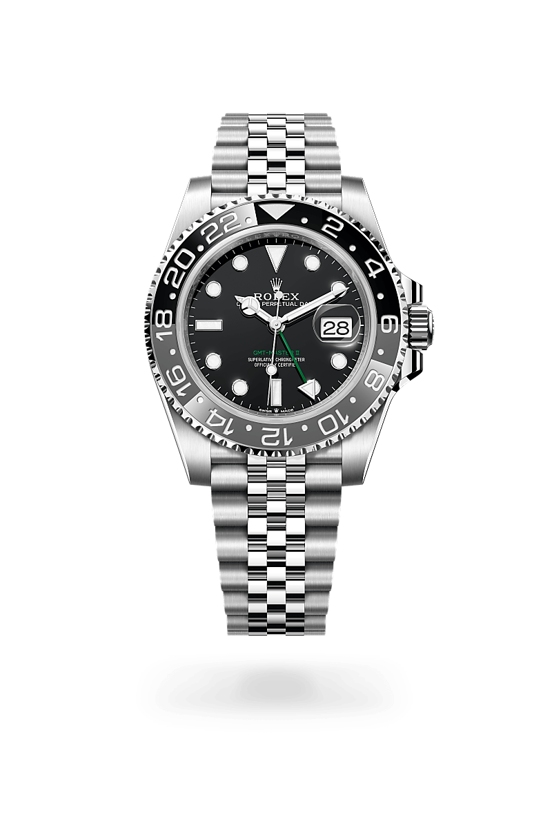 Rolex GMT-Master II in Oystersteel with an Black dial, Bidirectional rotatable 24-hour graduated bezel. Two-colour grey and black Cerachrom insert in ceramic, moulded numerals and graduations bezel, and Oyster bracelet