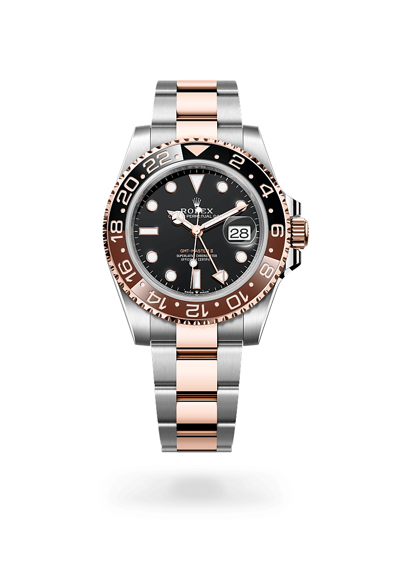 Rolex GMT-Master II in Oystersteel and Everose gold with an Black dial, Bidirectional rotatable 24-hour graduated bezel. Two-colour brown and black Cerachrom insert in ceramic, moulded numerals and graduations bezel, and Oyster bracelet