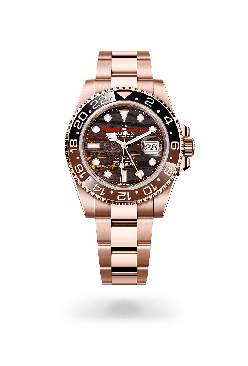 Rolex GMT-Master II in Everose gold with an Tiger iron dial, Bidirectional rotatable 24-hour graduated bezel. Two-colour brown and black Cerachrom insert in ceramic, moulded numerals and graduations bezel, and Oyster bracelet