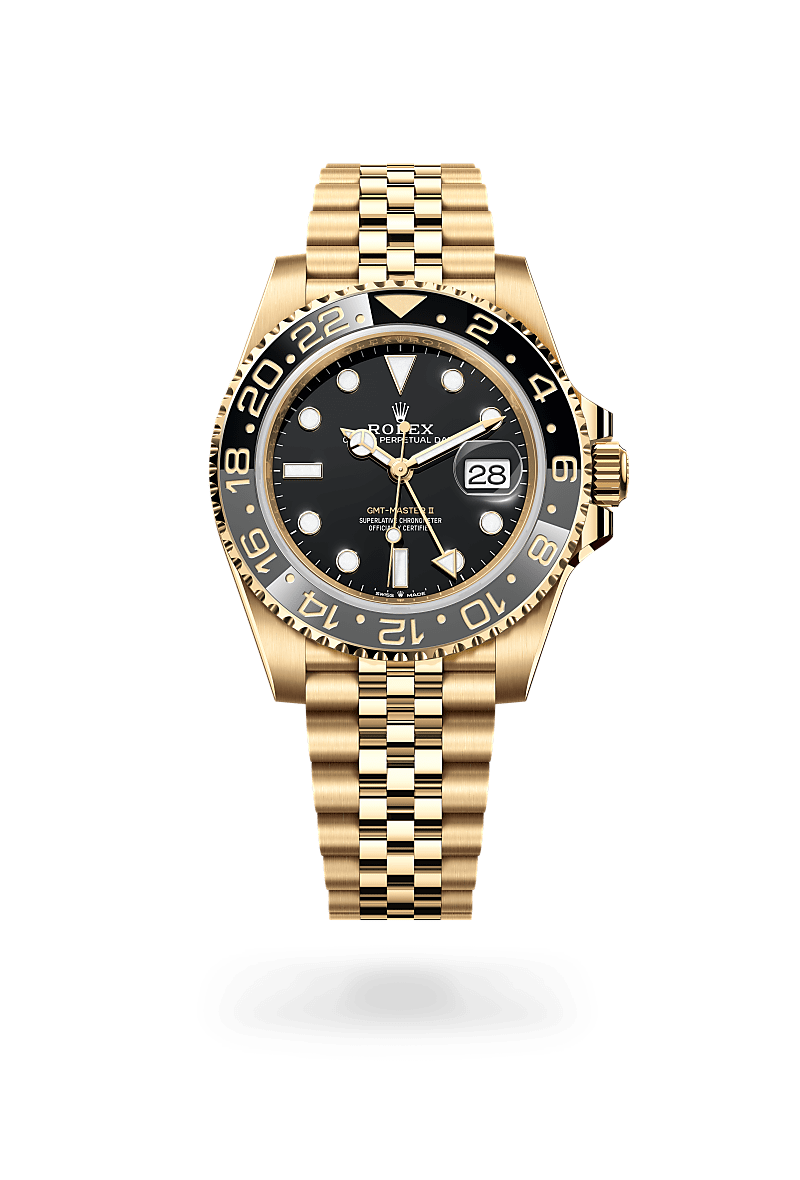 Rolex GMT-Master II in yellow gold with an Black dial, Bidirectional rotatable 24-hour graduated bezel. Two-colour grey and black Cerachrom insert in ceramic, moulded numerals and graduations bezel, and Oyster bracelet