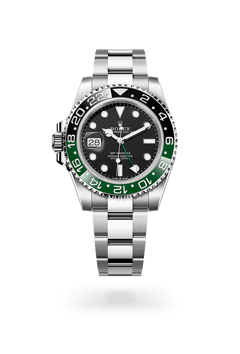Rolex GMT-Master II in Oystersteel with an Black dial, Bidirectional rotatable 24-hour graduated bezel. Two-colour green and black Cerachrom insert in ceramic, moulded numerals and graduations bezel, and Oyster bracelet