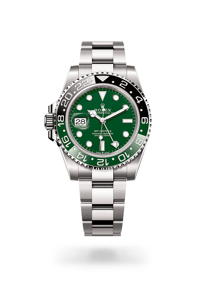 Rolex GMT-Master II in white gold with an Green ceramic dial, Bidirectional rotatable 24-hour graduated bezel. Two-colour green and black Cerachrom insert in ceramic, moulded numerals and graduations bezel, and Oyster bracelet