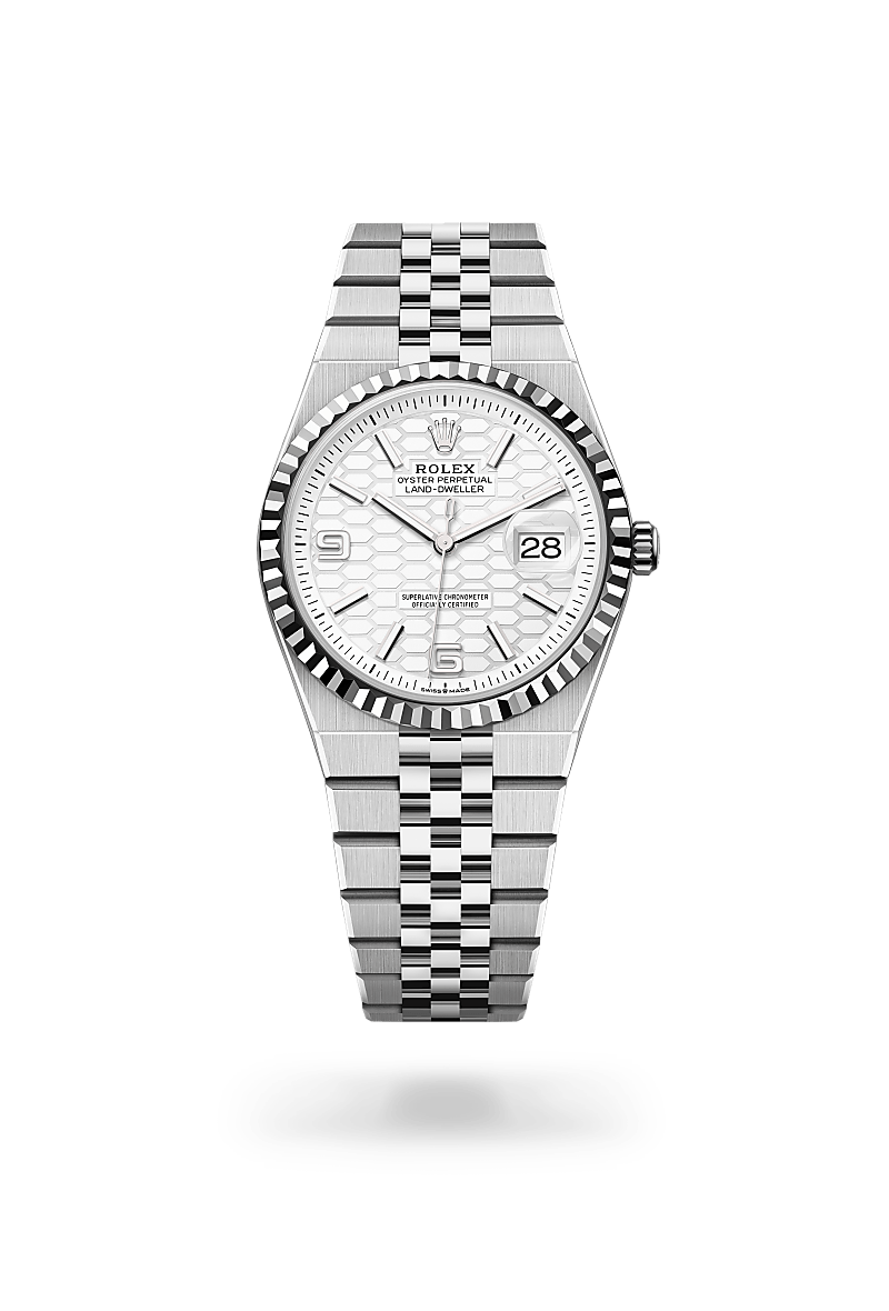 Rolex Land-Dweller 36 in Oystersteel and white gold with an Intense white, honeycomb motif dial, Fluted bezel, and Oyster bracelet
